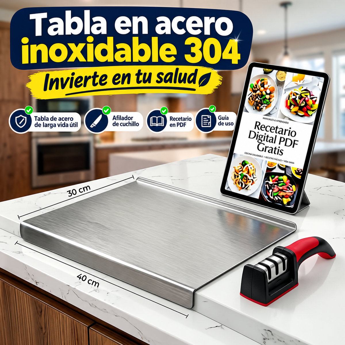 TABLA DE ACERO 304 ULTRA RESISTENTE + AFILADOR DE CUCHILLO GRATIS 🎁
